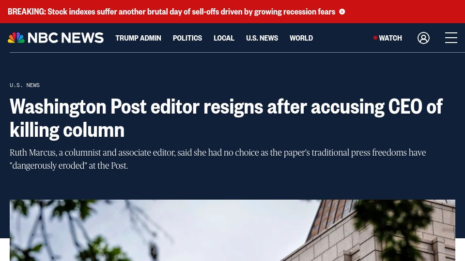 Screenshot of nbcnews.com: Washington Post editor resigns after accusing CEO of killing column