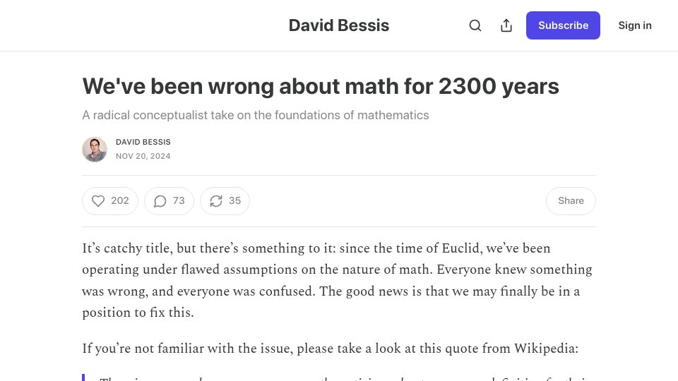 Screenshot of davidbessis.substack.com: We've been wrong about math for 2300 years