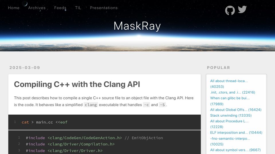 Screenshot of maskray.me: Compiling C++ with the Clang API