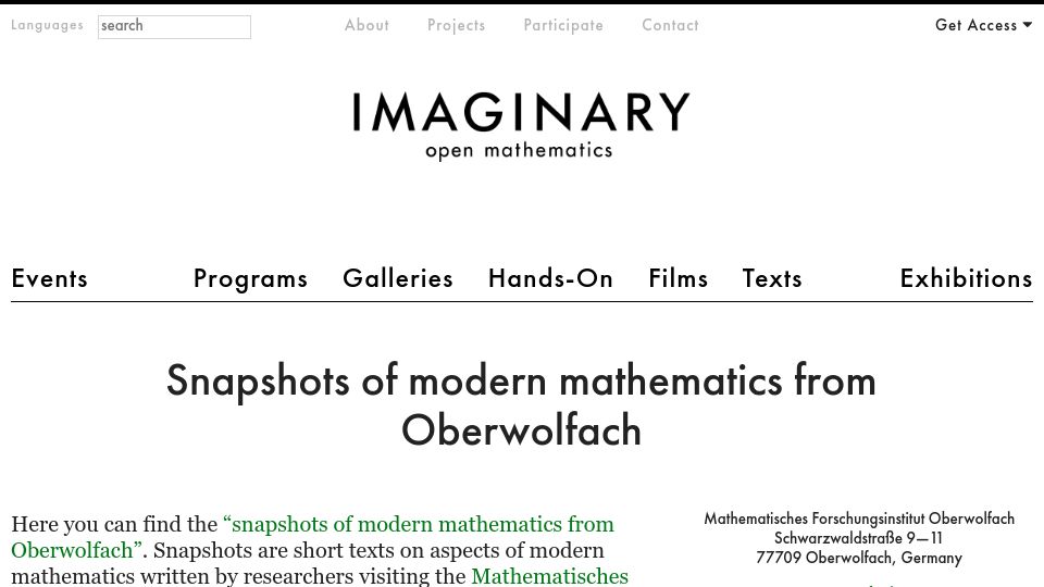 Screenshot of imaginary.org: Snapshots of Modern Mathematics from Oberwolfach