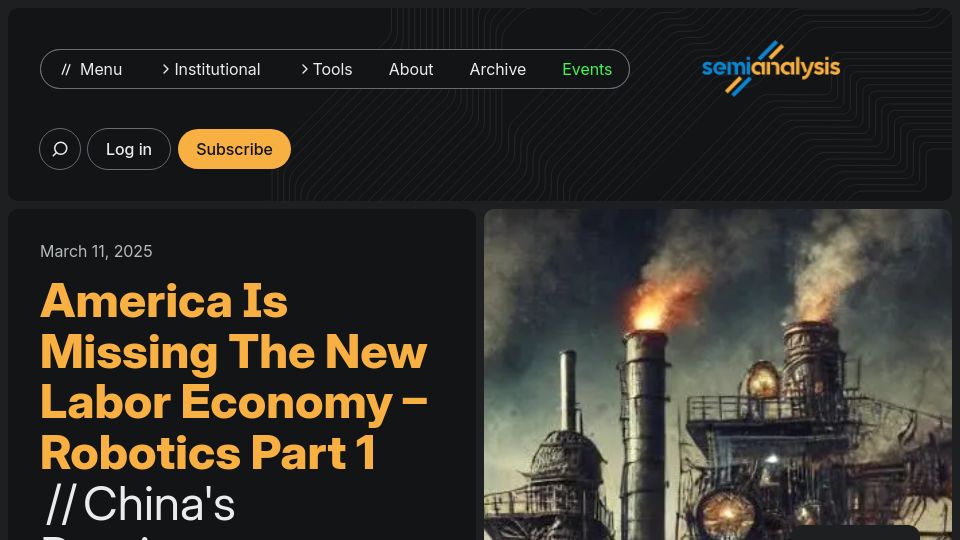 Screenshot of semianalysis.com: America Is Missing The New Labor Economy – Robotics Part 1