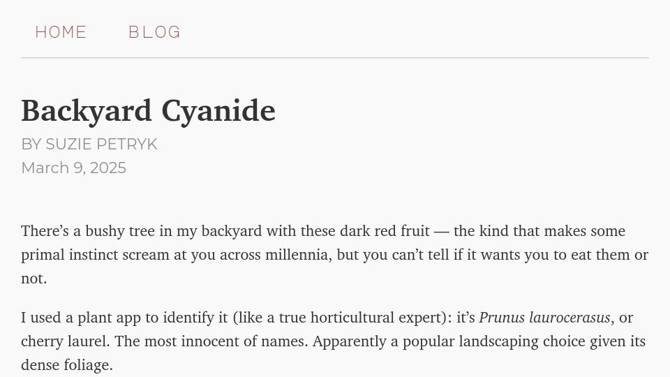 Screenshot of suziepetryk.com: Backyard Cyanide