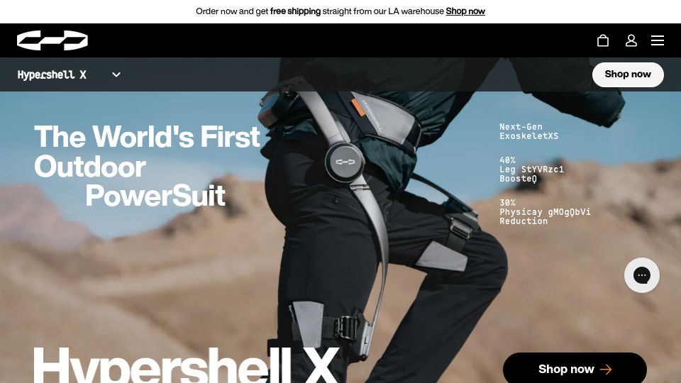 Screenshot of hypershell.tech: HyperShell X Outdoor PowerSuit Exoskeleton