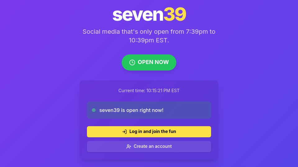 Screenshot of seven39.com: Show HN: Seven39, a social media app that is only open for 3 hours every evening