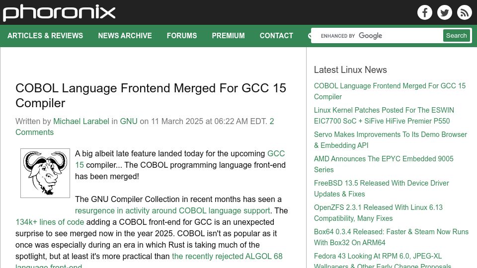 Screenshot of phoronix.com: COBOL Language Front End Merged for GCC 15 Compiler