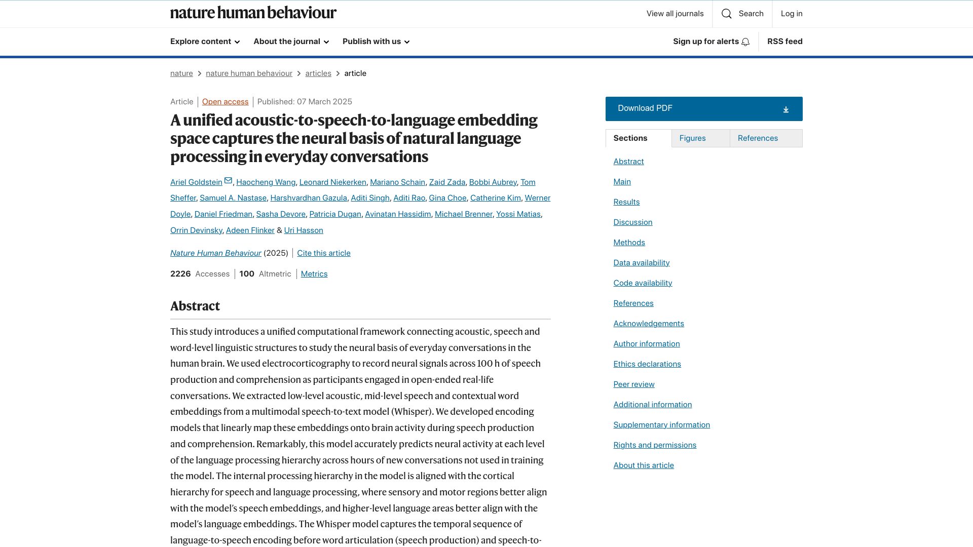Screenshot of nature.com: A unified acoustic-to-speech-to-language embedding space