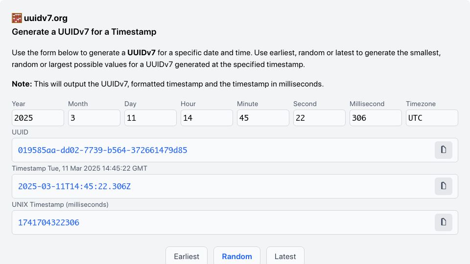 Screenshot of uuidv7.org: Show HN: Generate Version 7 UUID's for a Timestamp