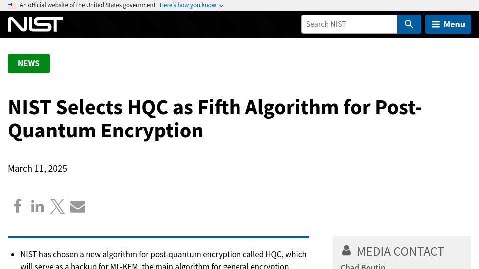 Screenshot of nist.gov: NIST selects HQC as fifth algorithm for post-quantum encryption