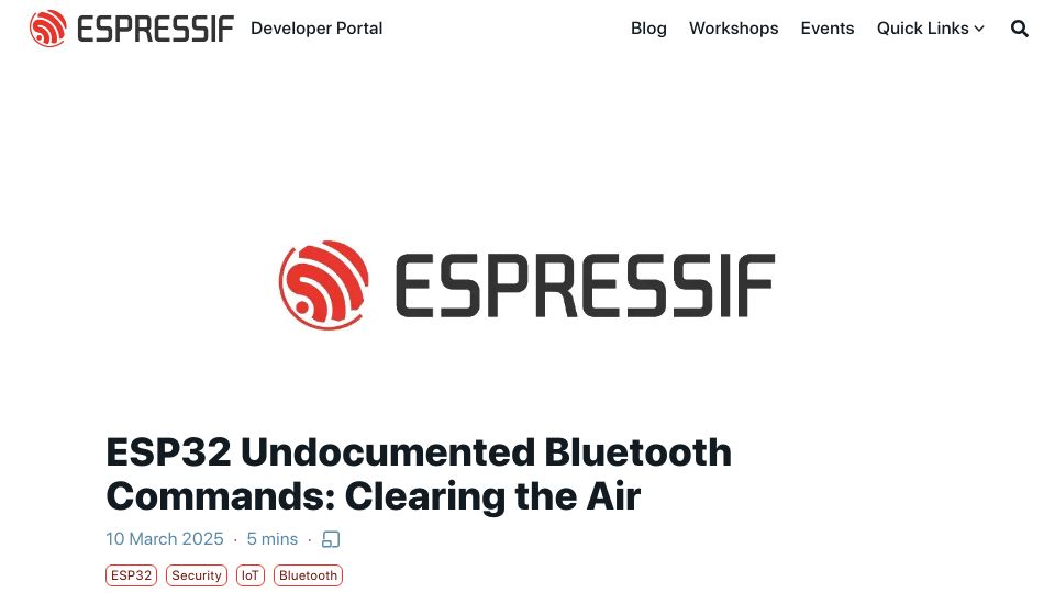 Screenshot of developer.espressif.com: ESP32 Undocumented Bluetooth Commands: Clearing the Air