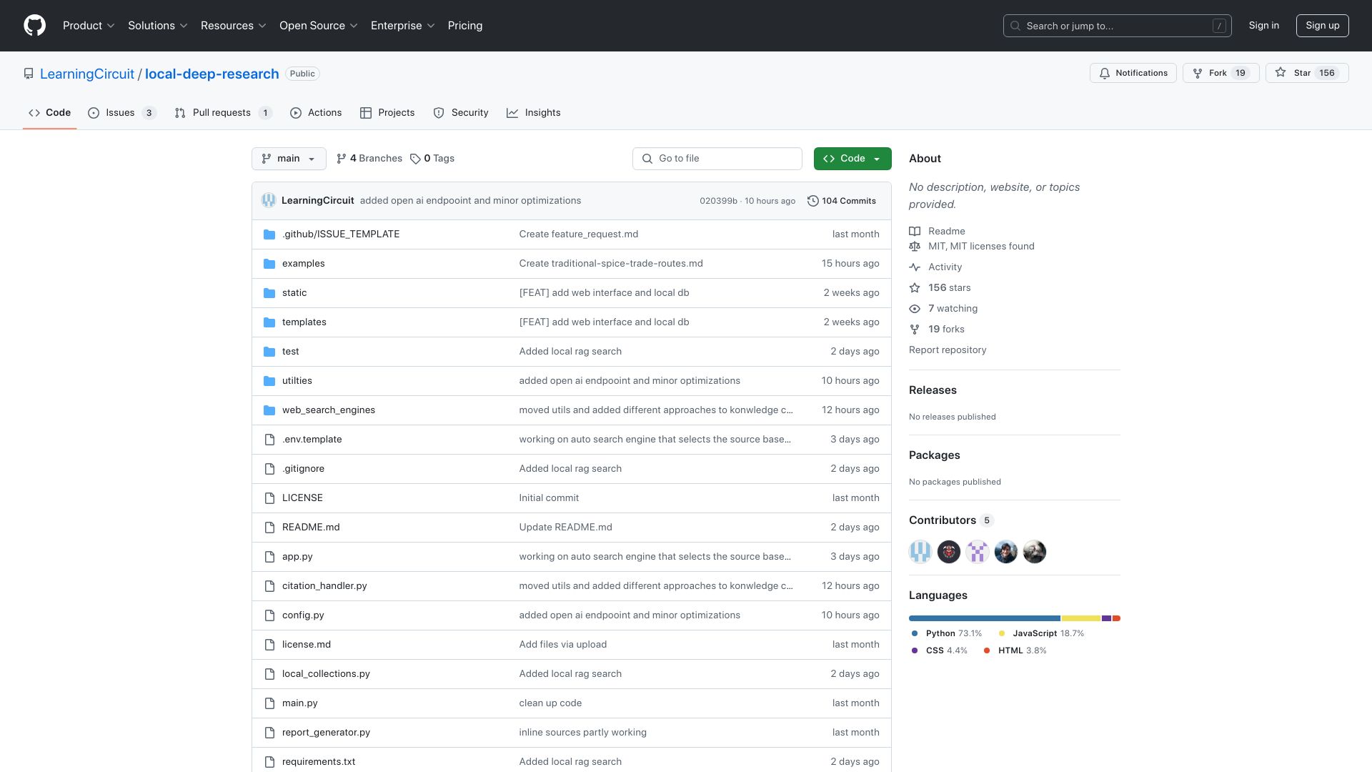 Screenshot of github.com: Local Deep Research – ArXiv, wiki and other searches included