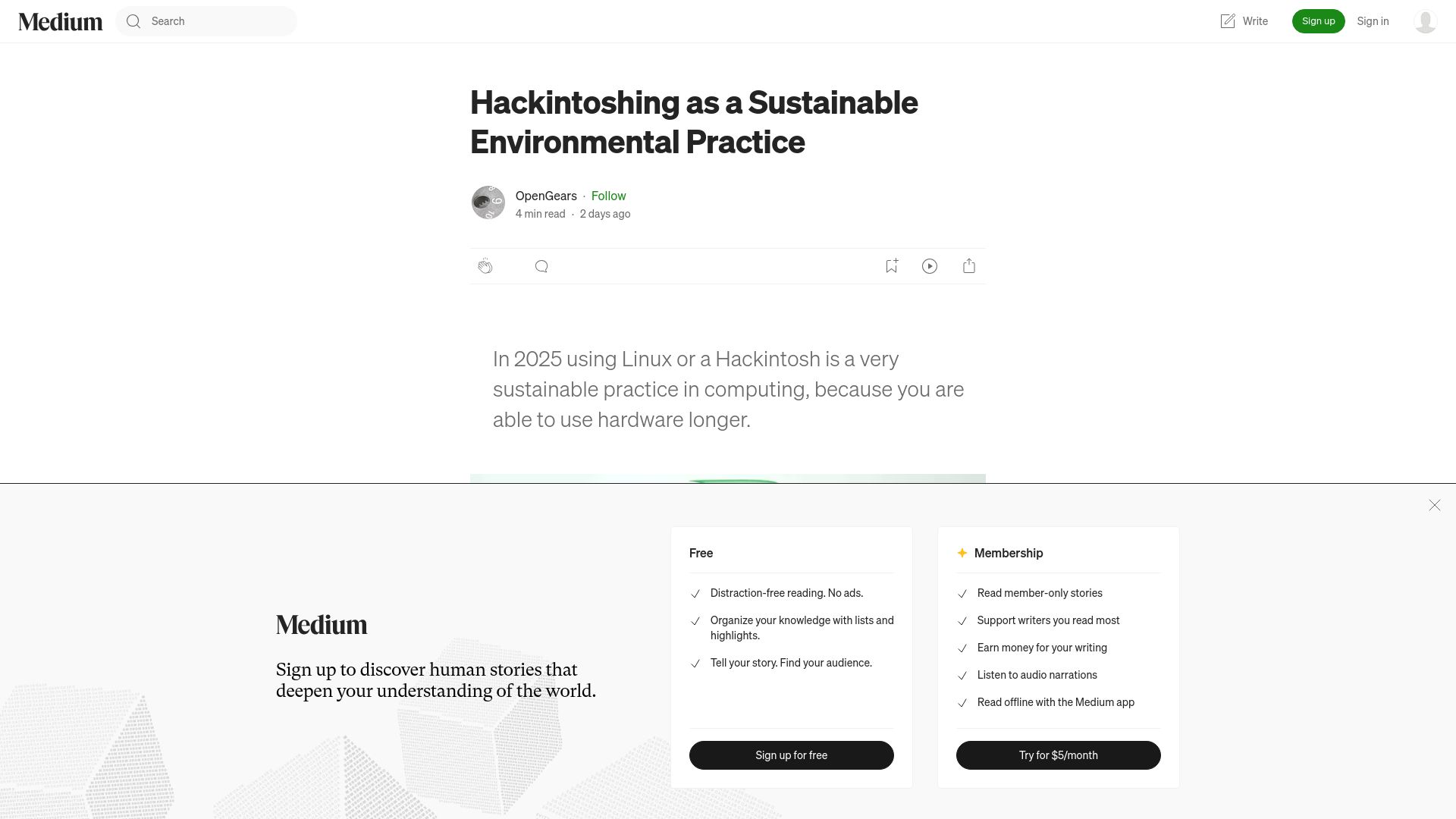 Screenshot of opengears.medium.com: Hackintoshing as a sustainable environmental practice