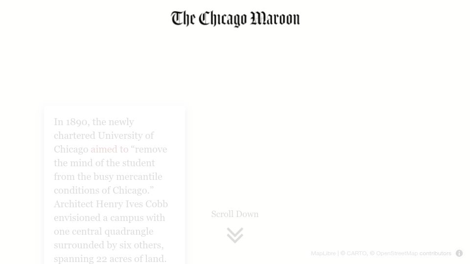 Screenshot of chicagomaroon.github.io: Mapping the University of Chicago's 135-year expansion into Hyde Park and beyond