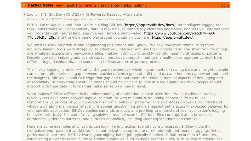 Screenshot of Hacker News post: Launch HN: Sift Dev (YC W25) – AI-Powered Datadog Alternative