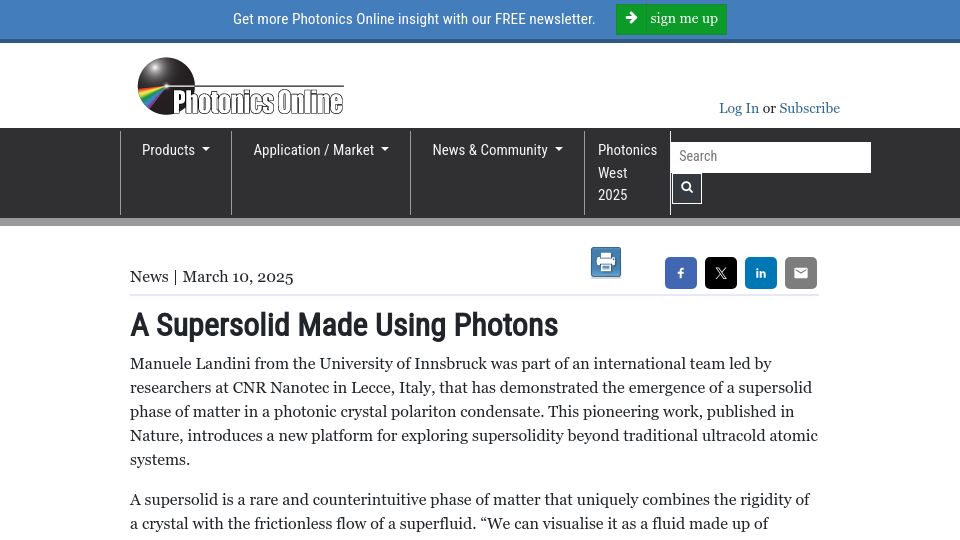 Screenshot of photonicsonline.com: A Supersolid Made Using Photons
