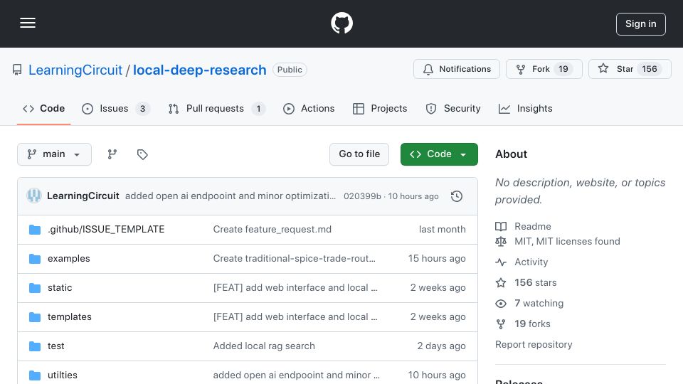 Screenshot of github.com: Local Deep Research – ArXiv, wiki and other searches included