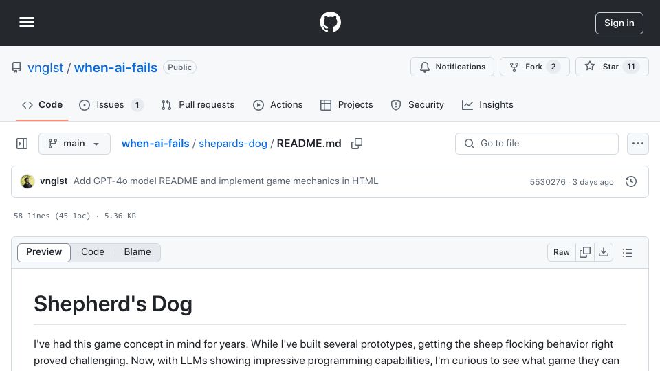 Screenshot of github.com: Asking LLMs to create my game Shepard's Dog