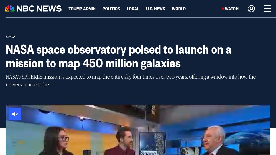Screenshot of nbcnews.com: NASA to launch space observatory that will map 450M galaxies
