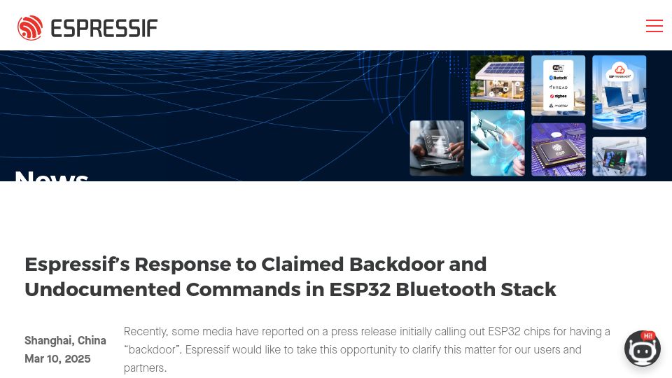 Screenshot of espressif.com: Espressif's Response to Undocumented Commands in ESP32 Bluetooth by Tarlogic