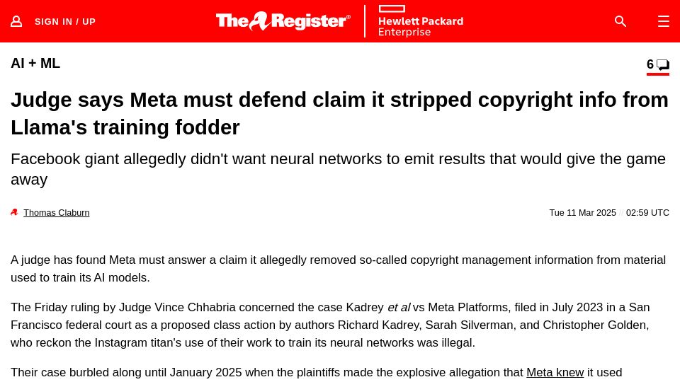 Screenshot of theregister.com: Meta must defend claim it stripped copyright info from Llama's training fodder