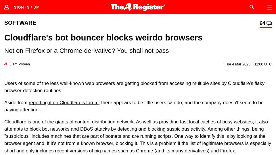 Screenshot of theregister.com: Cloudflare blocking Pale Moon and other browsers