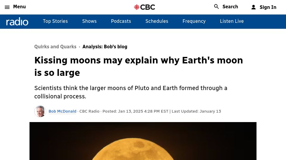 Screenshot of cbc.ca: Kissing moons may explain why Earth's moon is so large