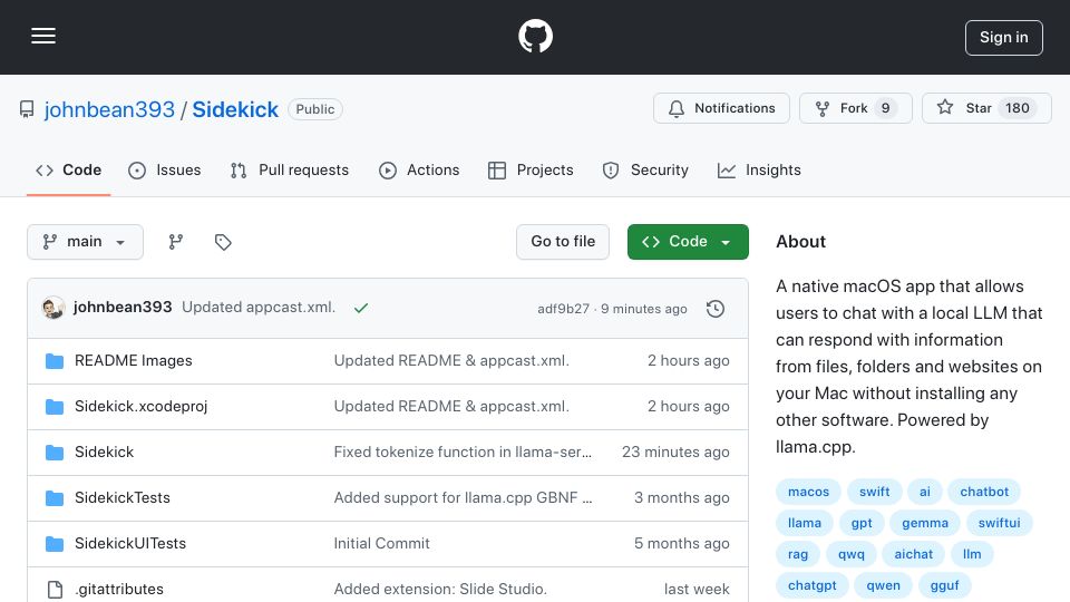 Screenshot of github.com: Sidekick: Local-first native macOS LLM app