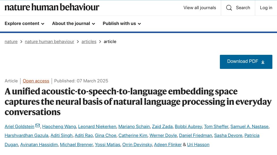 Screenshot of nature.com: A unified acoustic-to-speech-to-language embedding space