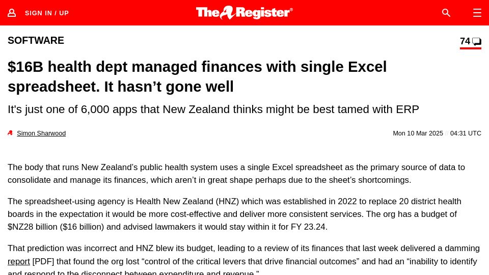 Screenshot of theregister.com: New Zealand's $16B health dept managed finances with single Excel spreadsheet