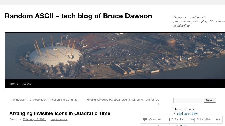 Screenshot of randomascii.wordpress.com: Arranging invisible icons in quadratic time (2021)