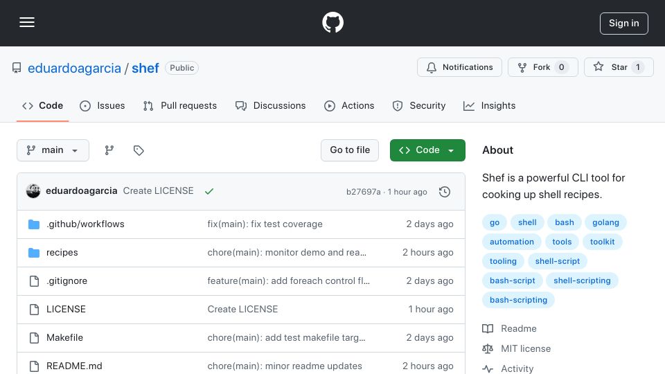 Screenshot of github.com: Shef