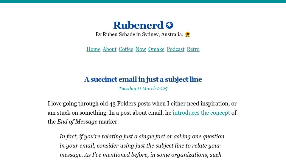 Screenshot of rubenerd.com: A succinct email in just a subject line
