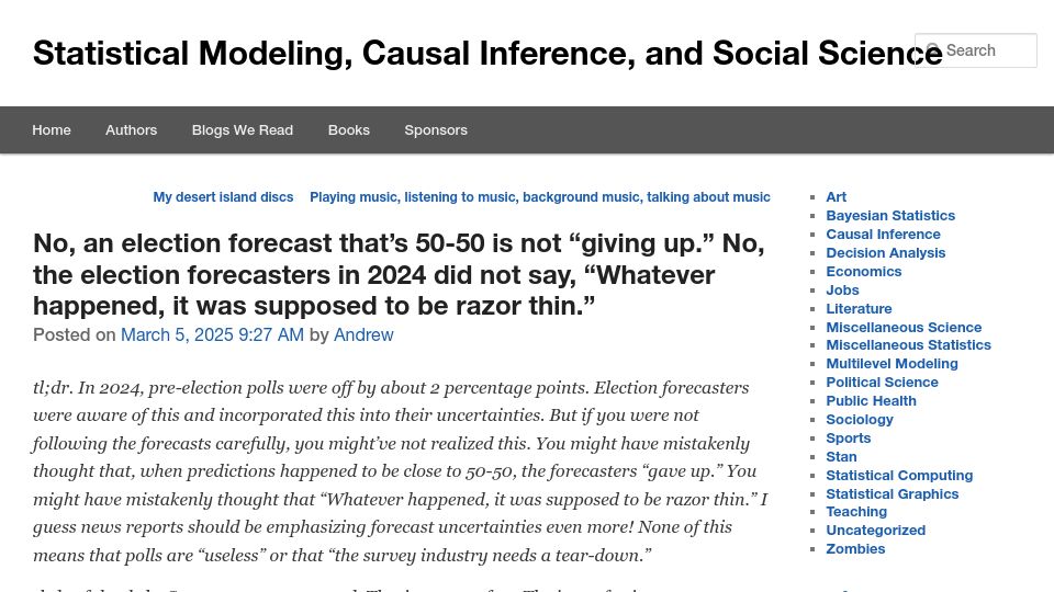 Screenshot of statmodeling.stat.columbia.edu: An election forecast that’s 50-50 is not “giving up”