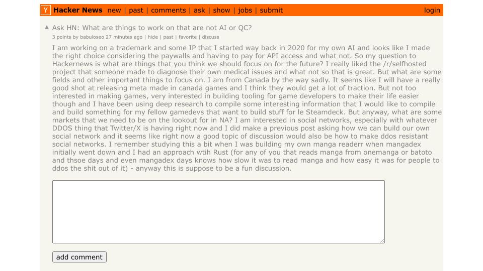 Screenshot of Hacker News post: Ask HN: What are things to work on that are not AI or QC?