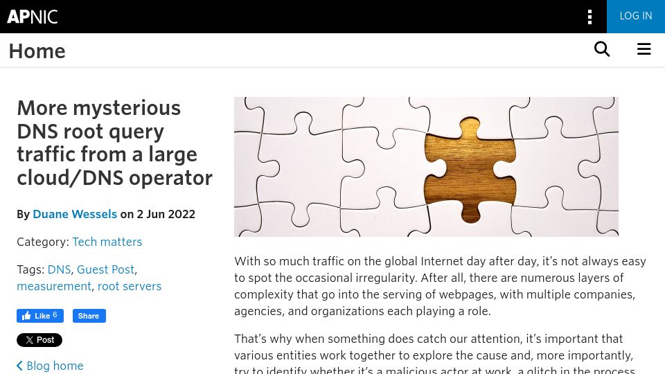 Screenshot of blog.apnic.net: More mysterious DNS root query traffic from a large cloud/DNS operator (2022)