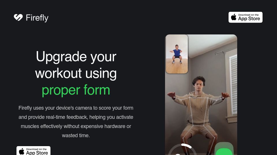Screenshot of firefly.fitness: Show HN: iOS app that corrects your form in real time using your phone's camera