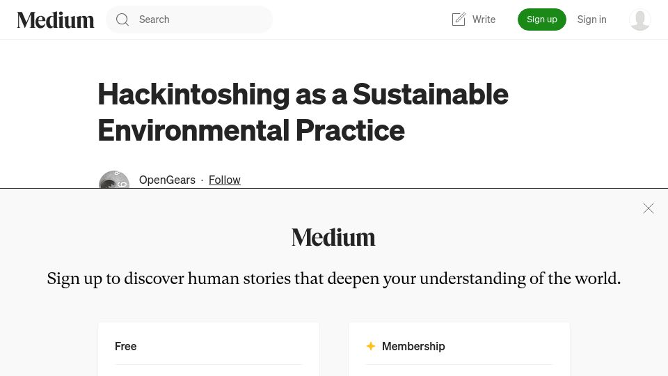 Screenshot of opengears.medium.com: Hackintoshing as a sustainable environmental practice