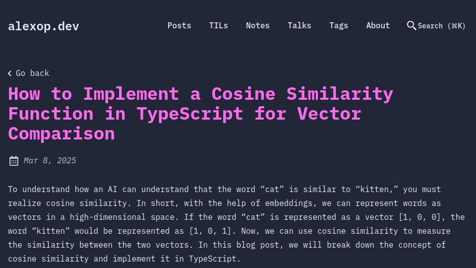 Screenshot of alexop.dev: How to Implement a Cosine Similarity Function in TypeScript