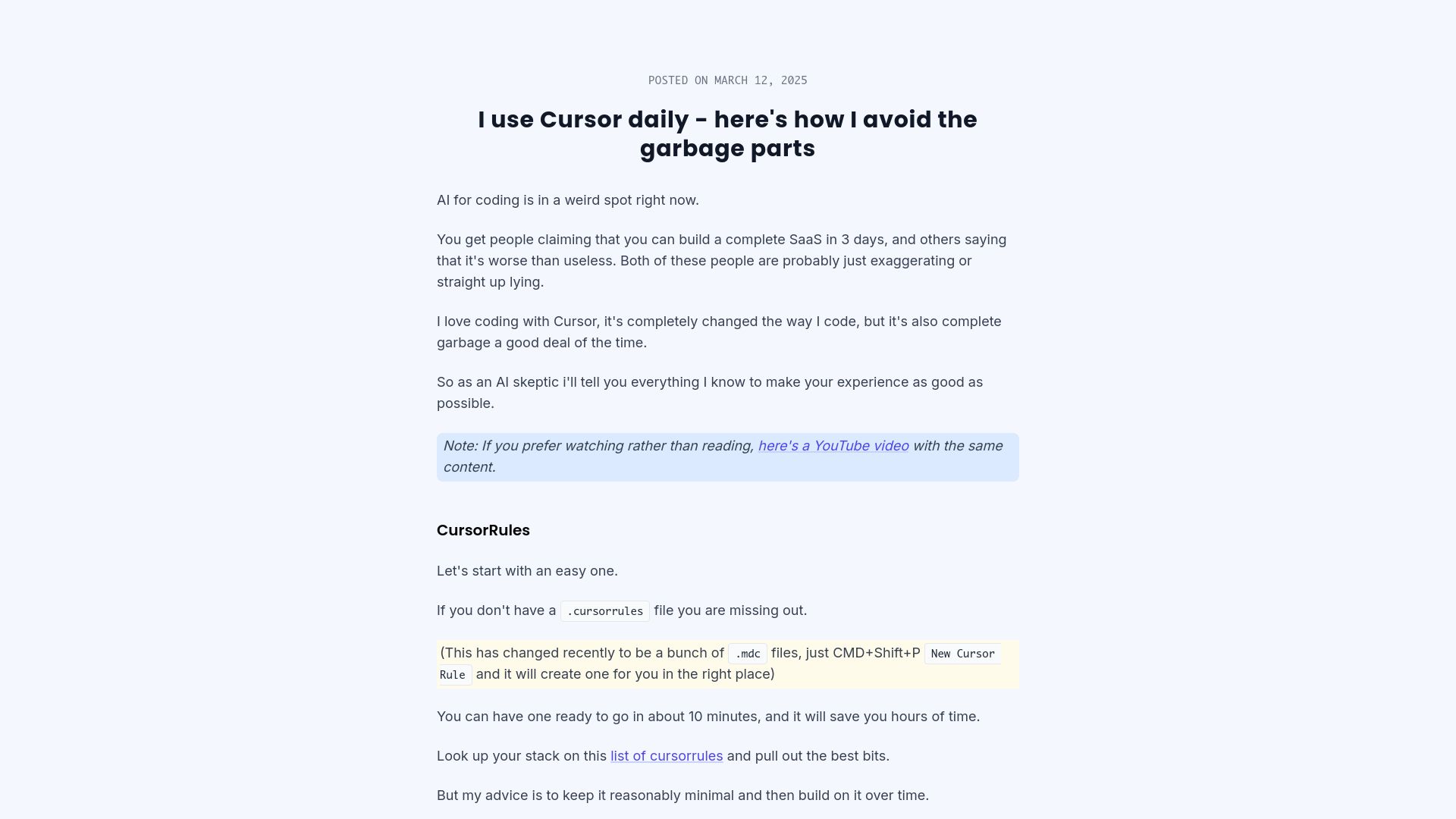 Screenshot of nickcraux.com: I use Cursor daily - here's how I avoid the garbage parts