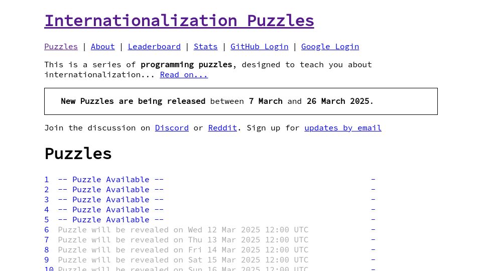 Screenshot of i18n-puzzles.com: Internationalization-puzzles: Daily programming puzzles just like Advent of Code