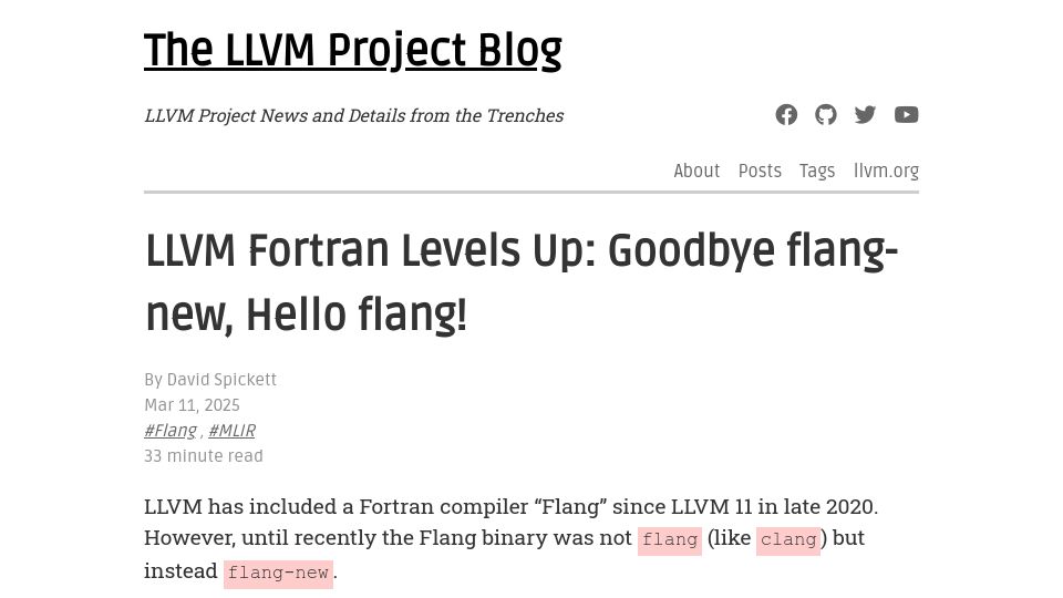 Screenshot of blog.llvm.org: First official release of LLVM Flang