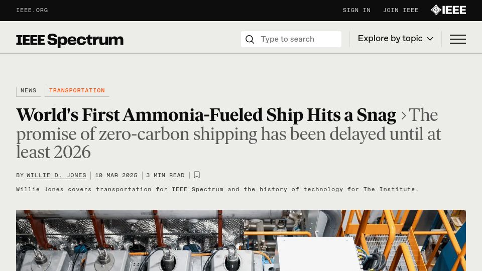 Screenshot of spectrum.ieee.org: First ammonia-fueled ship hits a snag