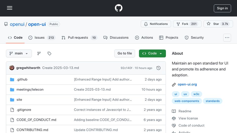 Screenshot of github.com: Open-UI: Maintain an open standard for UI and promote its adherence and adoption