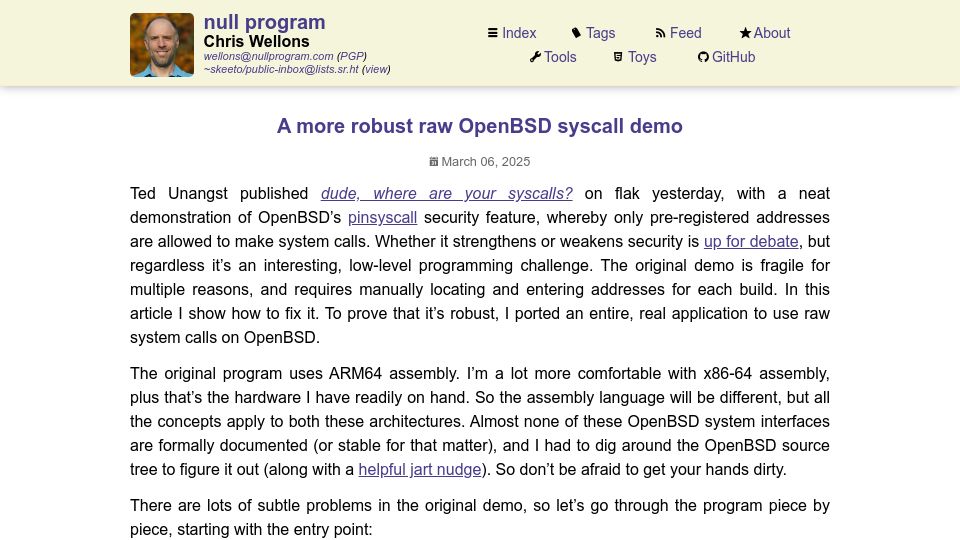 Screenshot of nullprogram.com: A more robust raw OpenBSD syscall demo