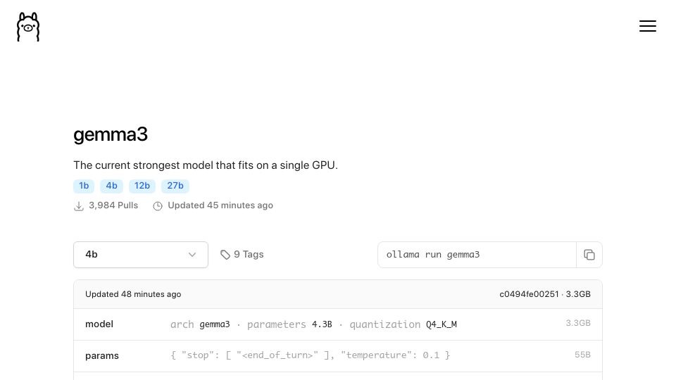 Screenshot of ollama.com: Gemma3 – The current strongest model that fits on a single GPU