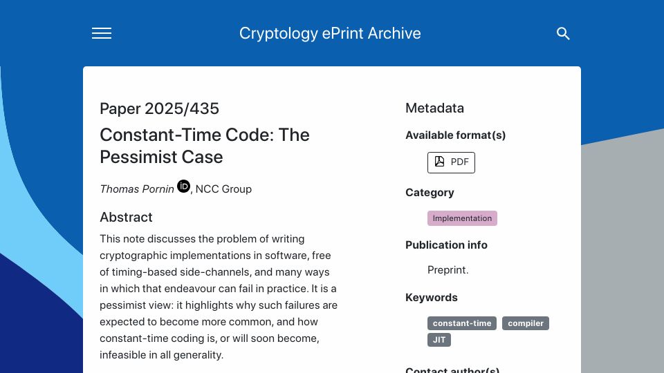 Screenshot of eprint.iacr.org: Constant-Time Code: The Pessimist Case [pdf]