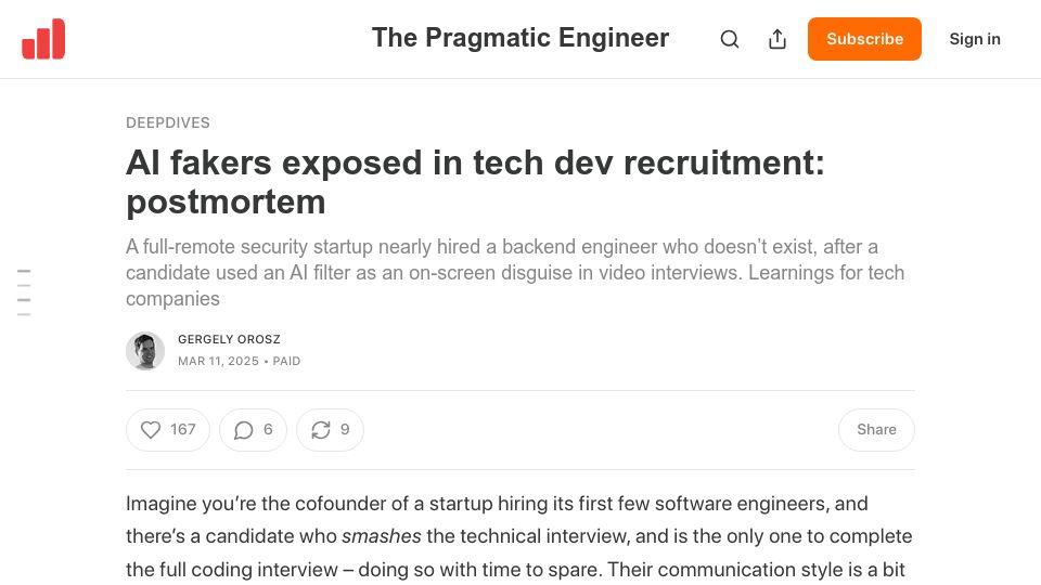 Screenshot of newsletter.pragmaticengineer.com: AI fakers exposed in tech dev recruitment: postmortem