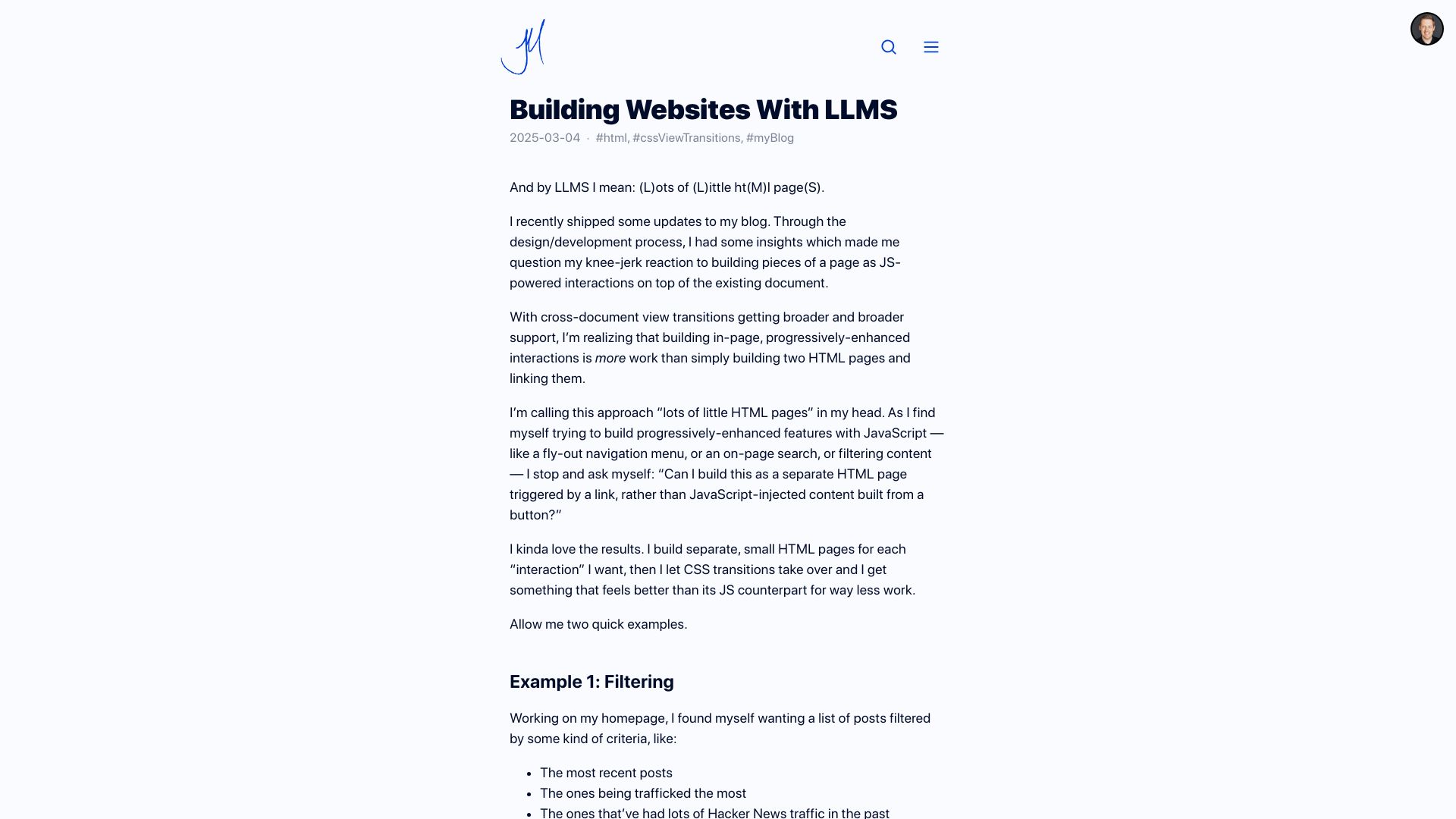 Screenshot of blog.jim-nielsen.com: Building websites with lots of little HTML pages