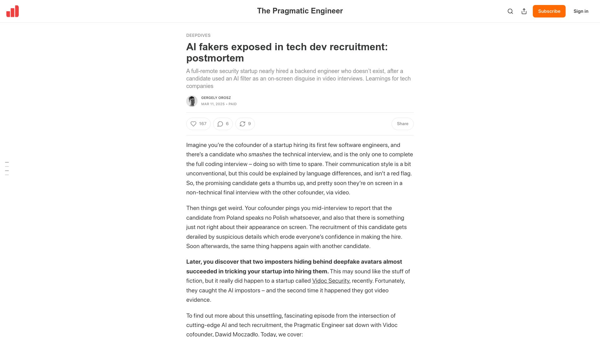Screenshot of newsletter.pragmaticengineer.com: AI fakers exposed in tech dev recruitment: postmortem