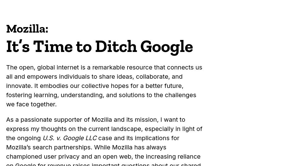 Screenshot of mozillapetition.com: Tell Mozilla: it's time to ditch Google