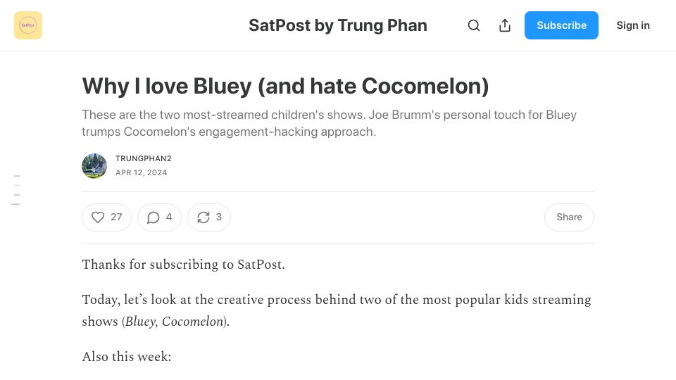 Screenshot of readtrung.com: A look at the creative process behind Bluey and Cocomelon (2024)